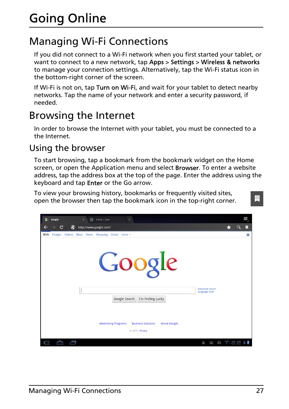 Going online, Managing wi-fi connections, Browsing the internet | Using the browser, Managing wi-fi connections browsing the internet | Acer A500 User Manual | Page 27 / 73