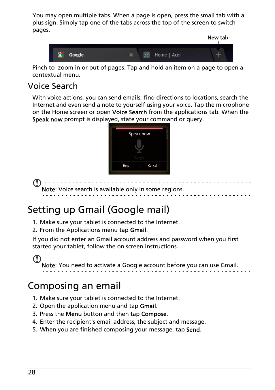 Voice search, Setting up gmail (google mail), Composing an email | Setting up gmail (google mail) composing an email | Acer A500 User Manual | Page 28 / 73