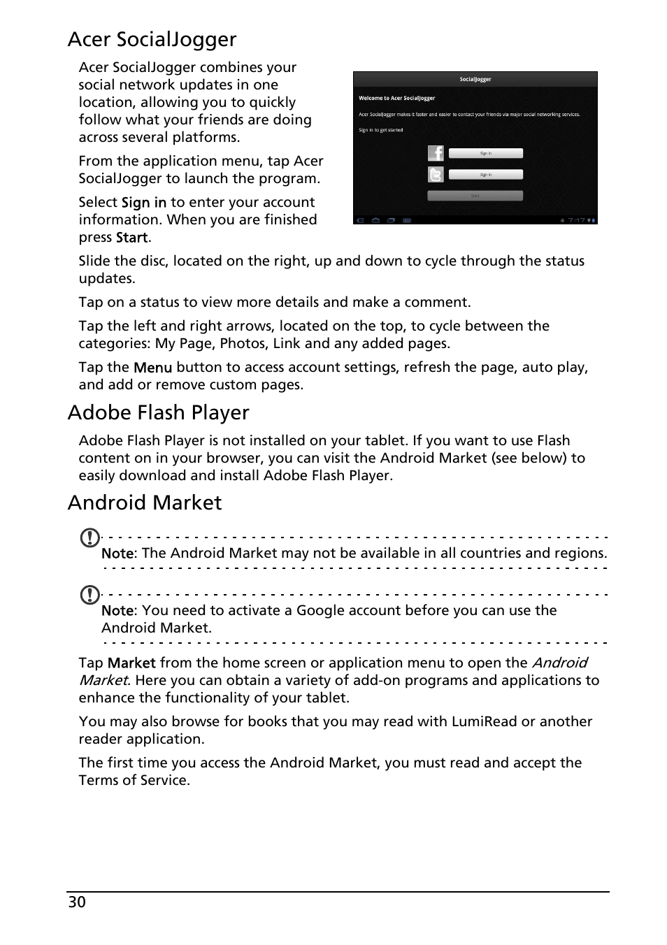 Acer socialjogger, Adobe flash player, Android market | Acer A500 User Manual | Page 30 / 73