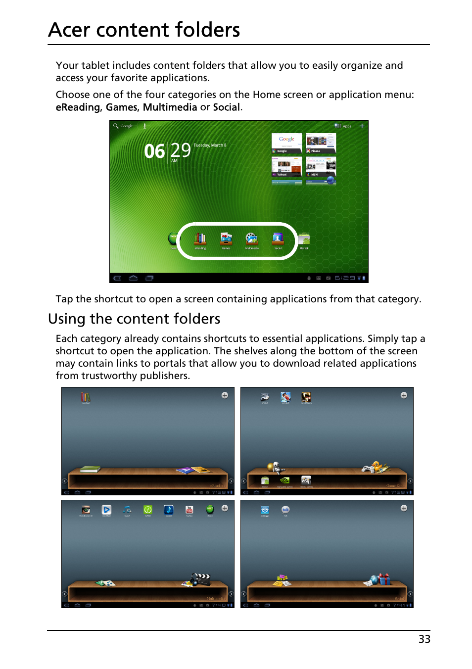 Acer content folders, Using the content folders | Acer A500 User Manual | Page 33 / 73
