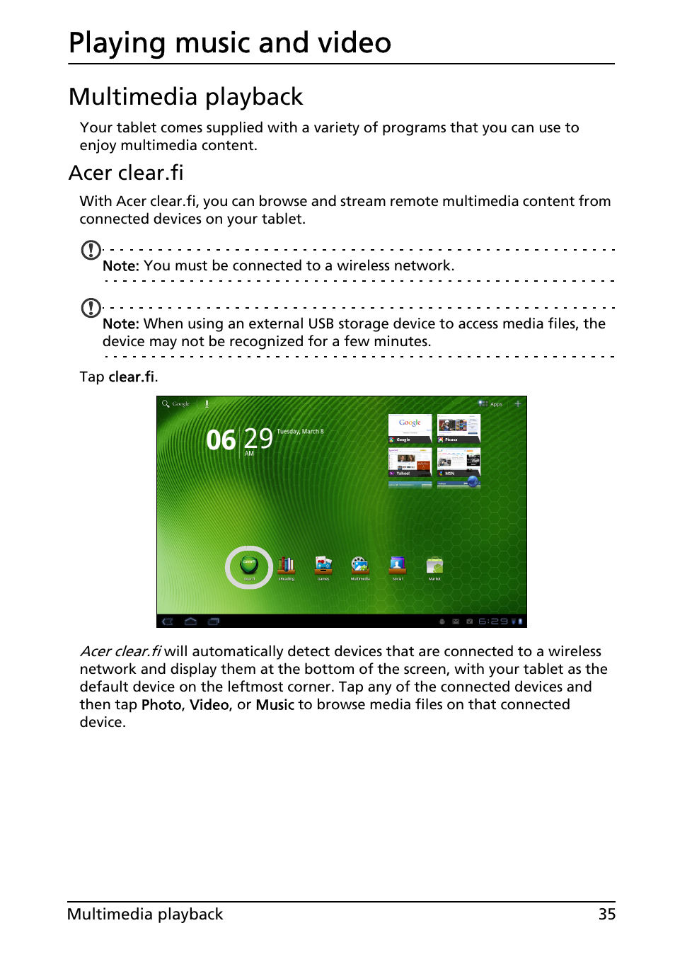 Playing music and video, Multimedia playback, Acer clear.fi | Acer A500 User Manual | Page 35 / 73