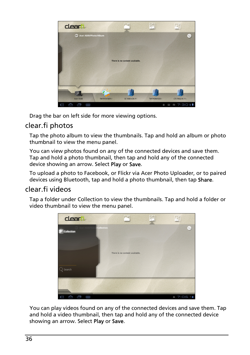 Clear.fi photos, Clear.fi videos | Acer A500 User Manual | Page 36 / 73