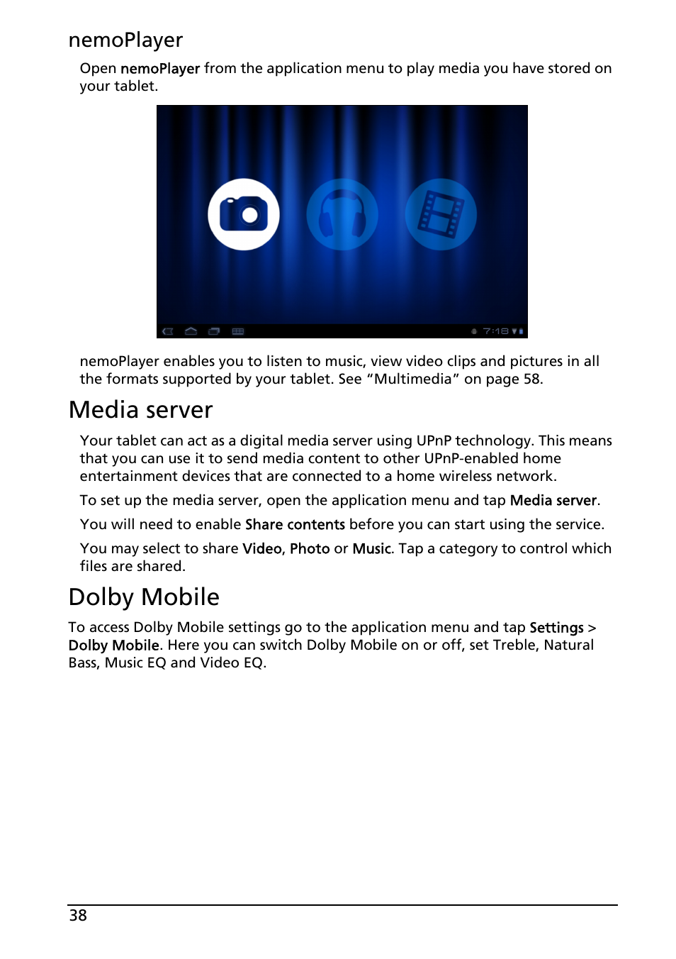 Nemoplayer, Media server, Dolby mobile | Media server dolby mobile | Acer A500 User Manual | Page 38 / 73