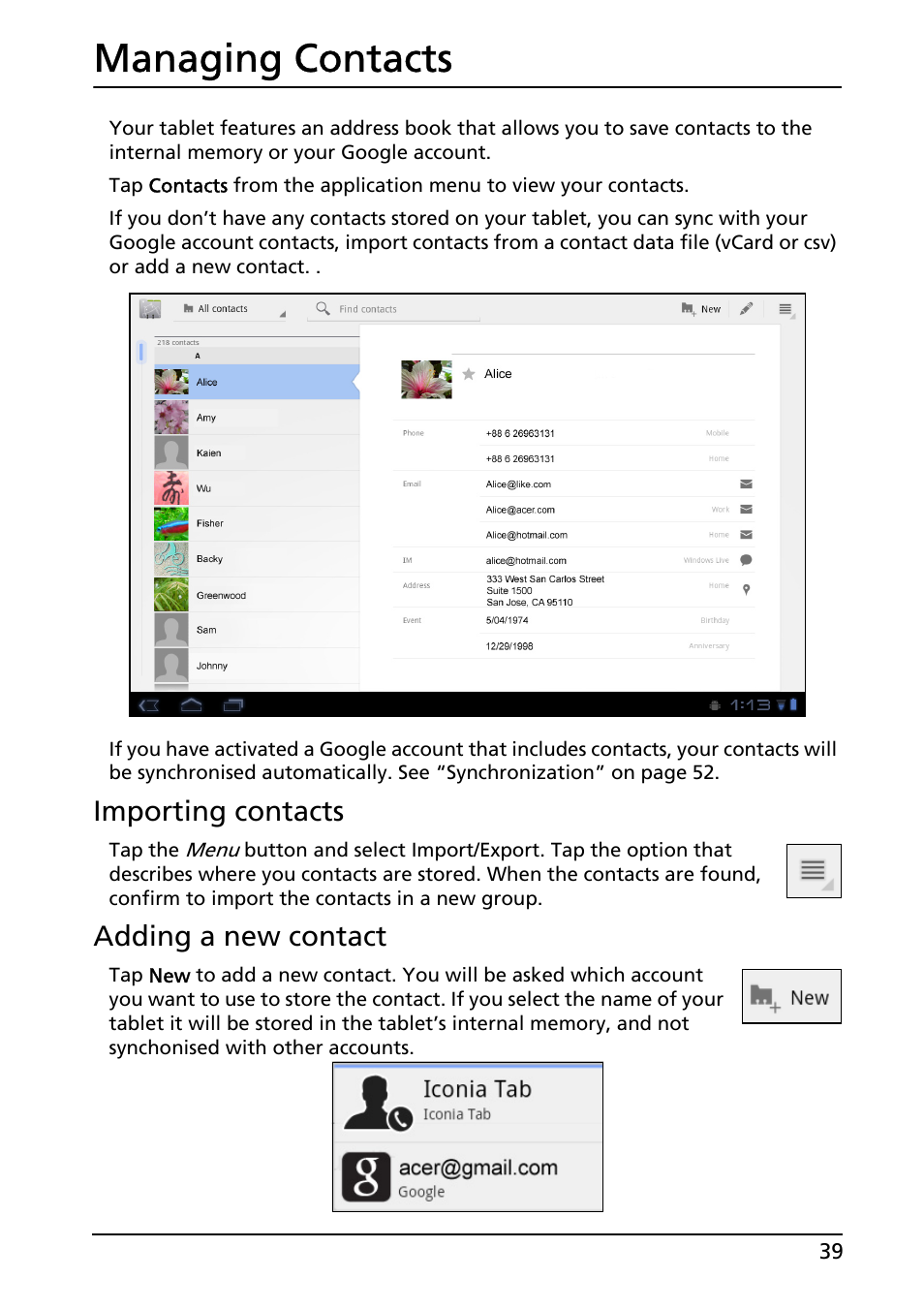 Managing contacts, Importing contacts, Adding a new contact | Acer A500 User Manual | Page 39 / 73