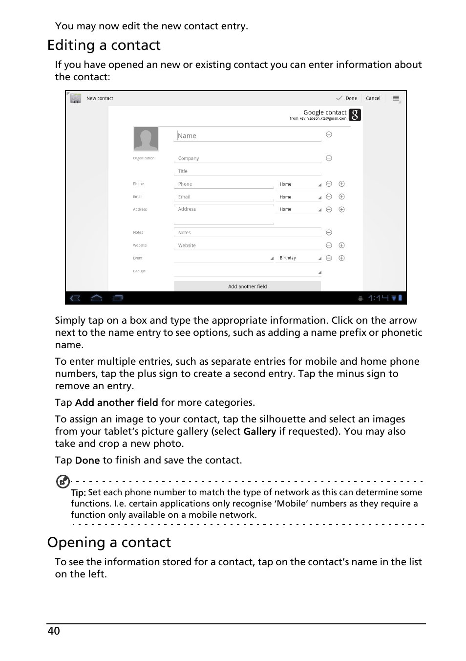 Editing a contact, Opening a contact | Acer A500 User Manual | Page 40 / 73