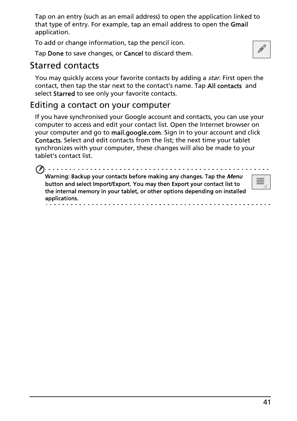 Starred contacts, Editing a contact on your computer | Acer A500 User Manual | Page 41 / 73