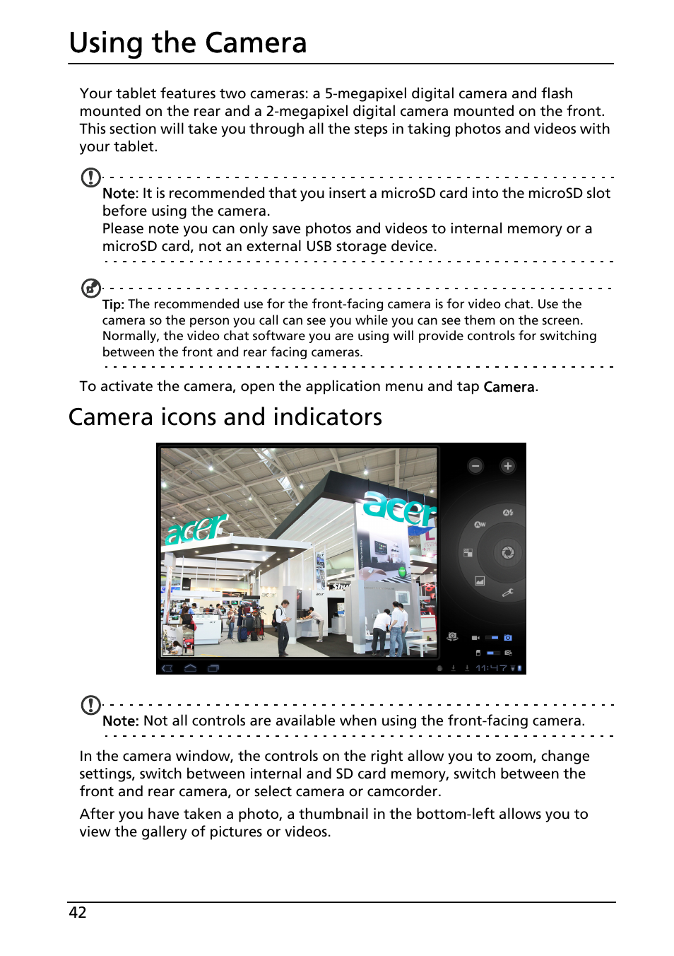 Using the camera, Camera icons and indicators | Acer A500 User Manual | Page 42 / 73