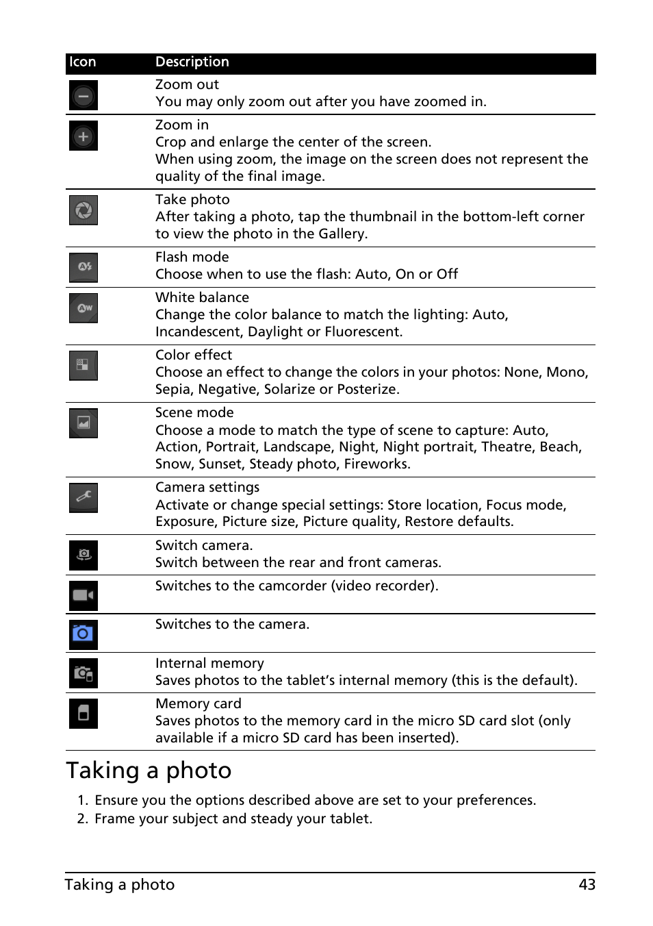 Taking a photo | Acer A500 User Manual | Page 43 / 73