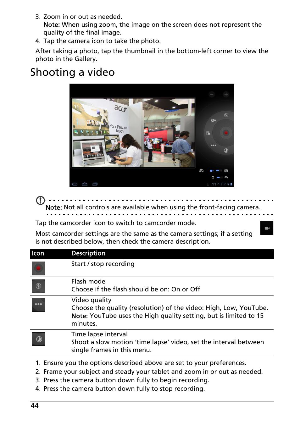 Shooting a video | Acer A500 User Manual | Page 44 / 73