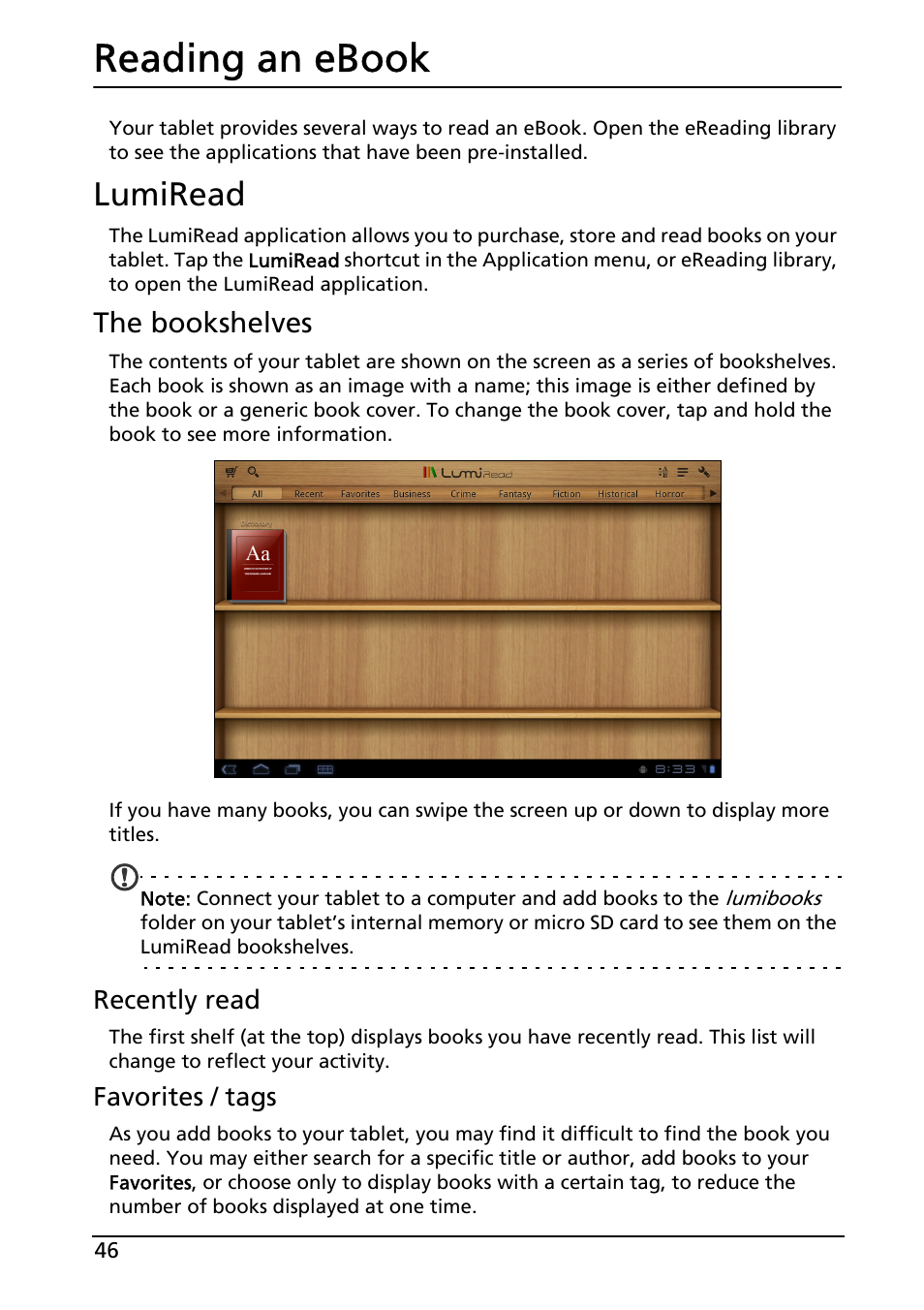 Reading an ebook, Lumiread, The bookshelves | Acer A500 User Manual | Page 46 / 73