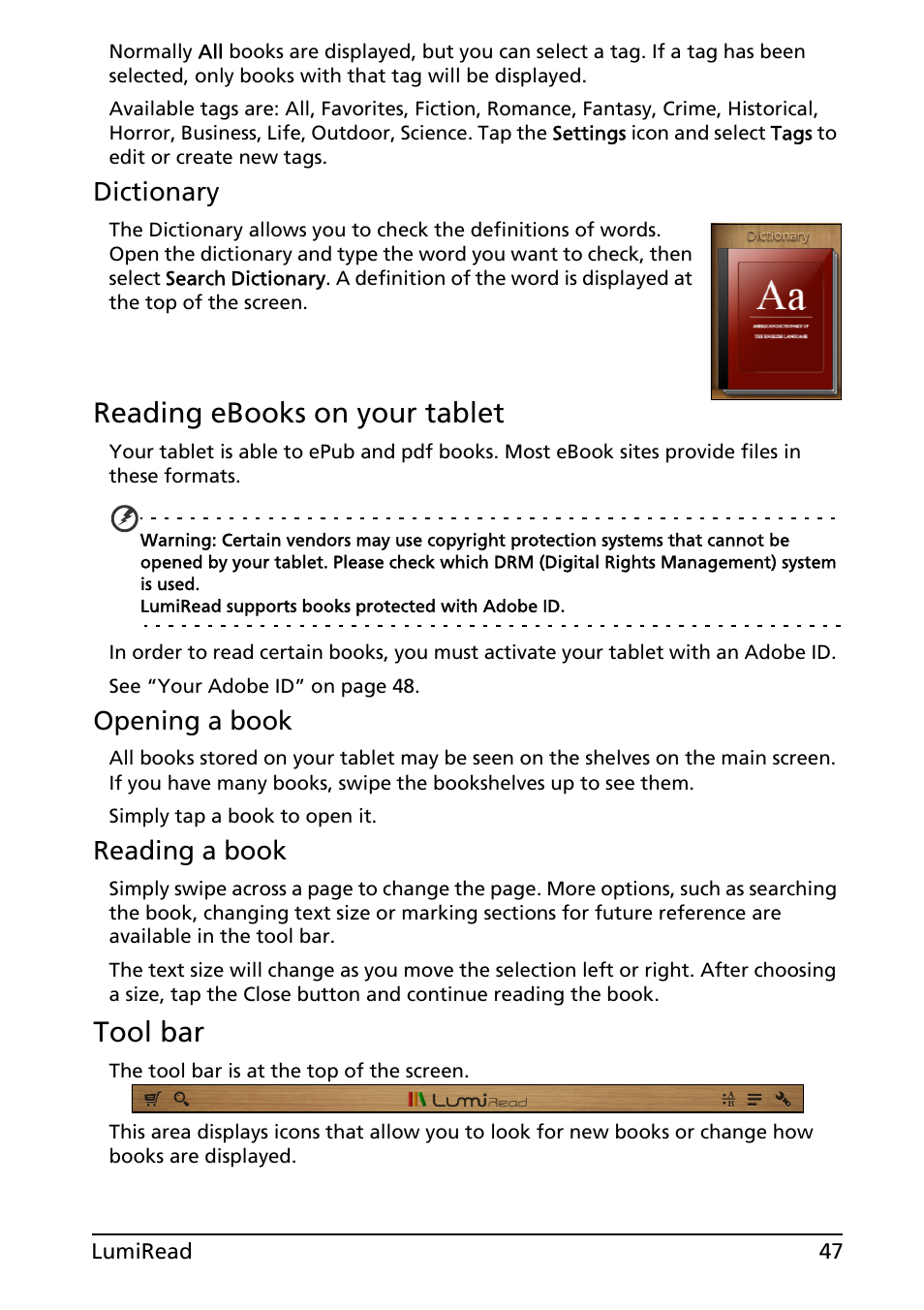Reading ebooks on your tablet, Tool bar, Dictionary | Opening a book, Reading a book | Acer A500 User Manual | Page 47 / 73