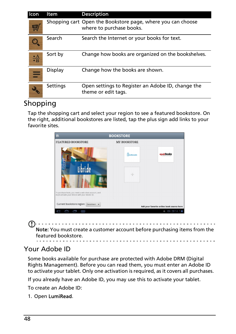 Shopping, Your adobe id | Acer A500 User Manual | Page 48 / 73