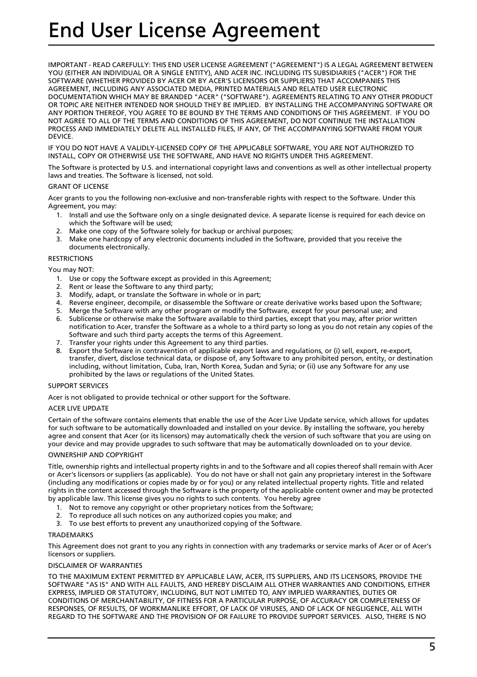 End user license agreement | Acer A500 User Manual | Page 5 / 73