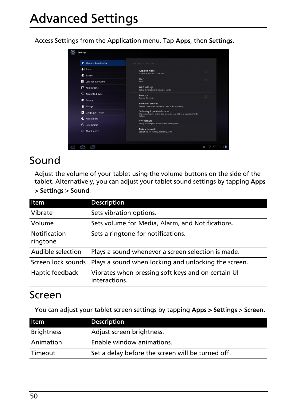 Advanced settings, Sound, Screen | Sound screen | Acer A500 User Manual | Page 50 / 73