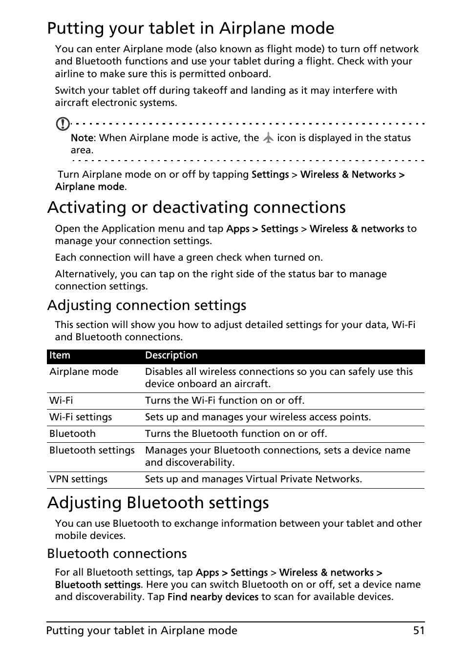 Putting your tablet in airplane mode, Activating or deactivating connections, Adjusting connection settings | Adjusting bluetooth settings, Bluetooth connections | Acer A500 User Manual | Page 51 / 73