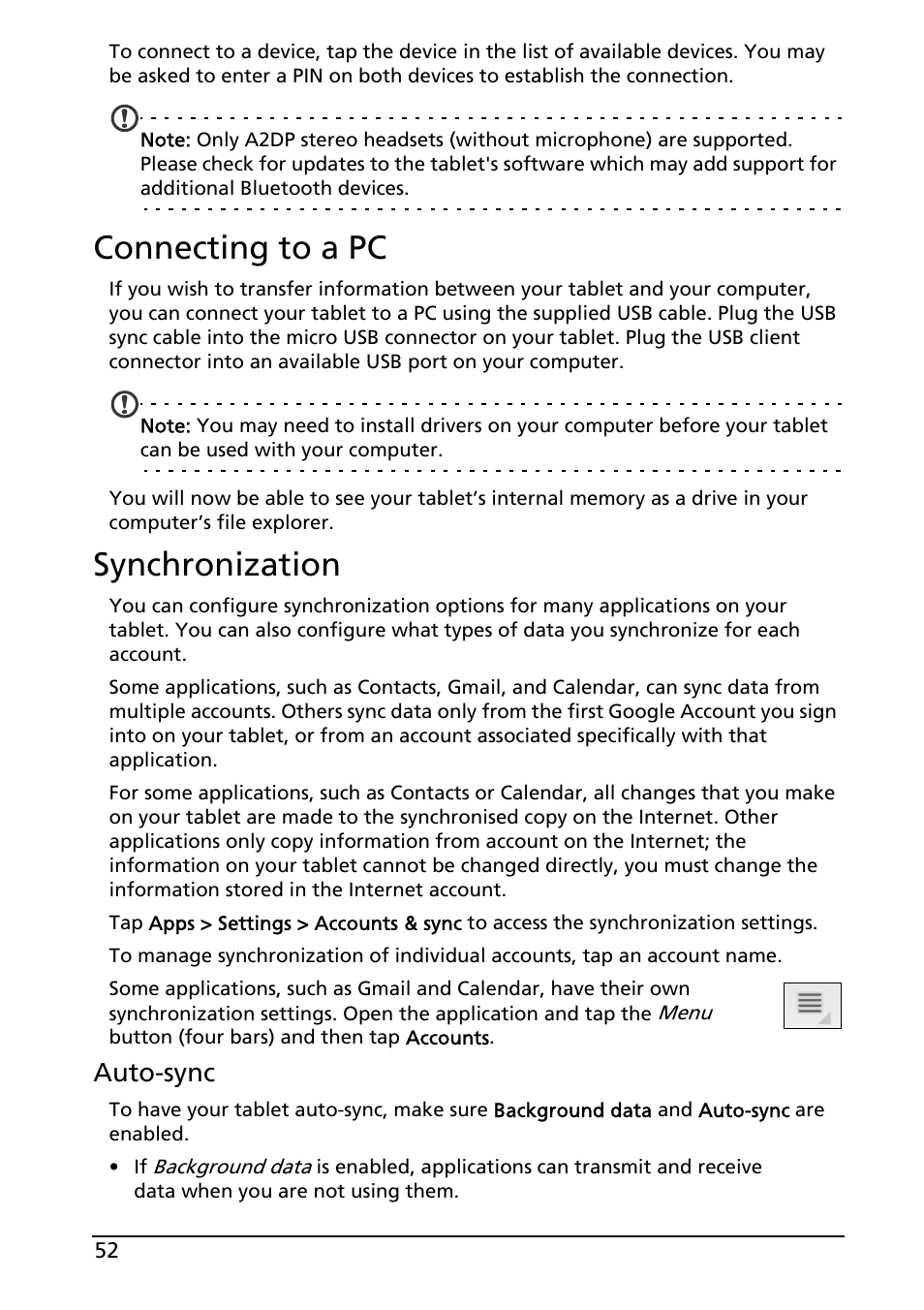 Connecting to a pc, Synchronization, Connecting to a pc synchronization | Auto-sync | Acer A500 User Manual | Page 52 / 73