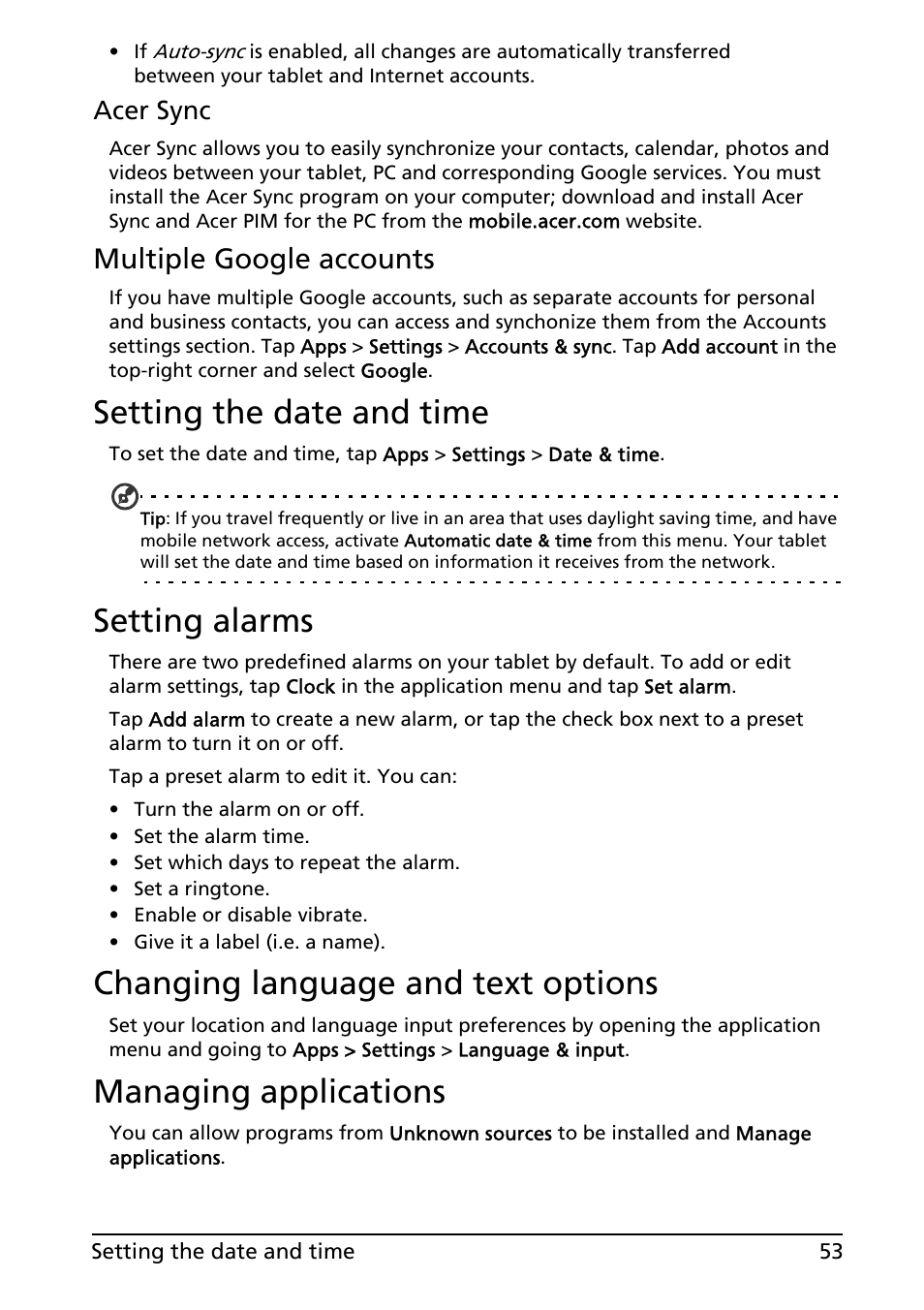 Multiple google accounts, Setting the date and time, Setting alarms | Changing language and text options, Managing applications | Acer A500 User Manual | Page 53 / 73