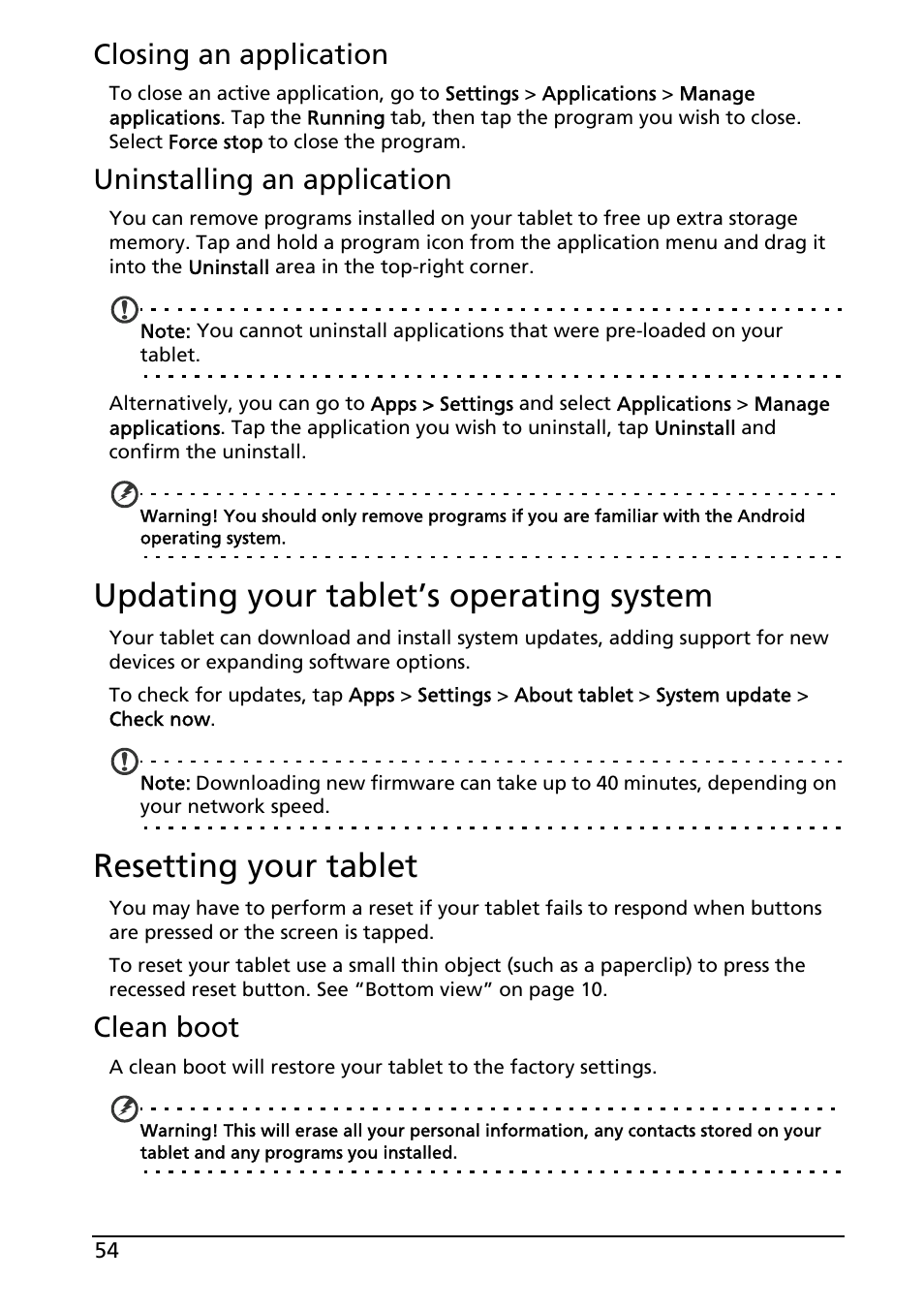 Closing an application, Uninstalling an application, Updating your tablet’s operating system | Resetting your tablet, Clean boot | Acer A500 User Manual | Page 54 / 73