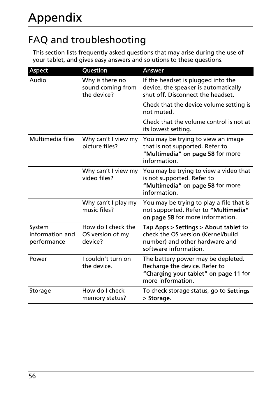 Appendix, Faq and troubleshooting | Acer A500 User Manual | Page 56 / 73