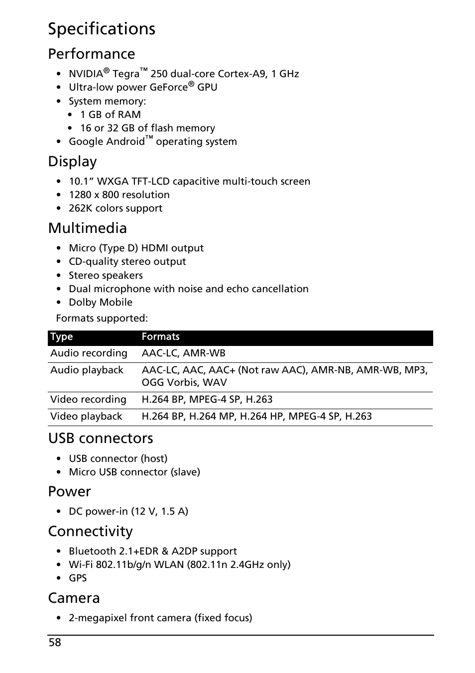 Specifications, Performance, Display | Multimedia, Usb connectors, Power, Connectivity, Camera | Acer A500 User Manual | Page 58 / 73