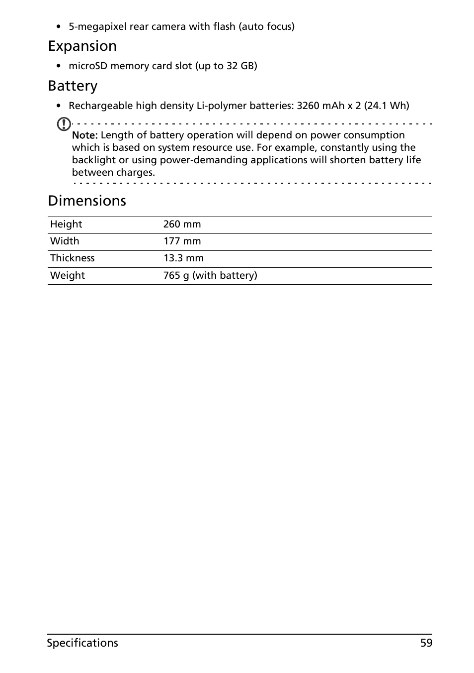 Expansion, Battery, Dimensions | Acer A500 User Manual | Page 59 / 73