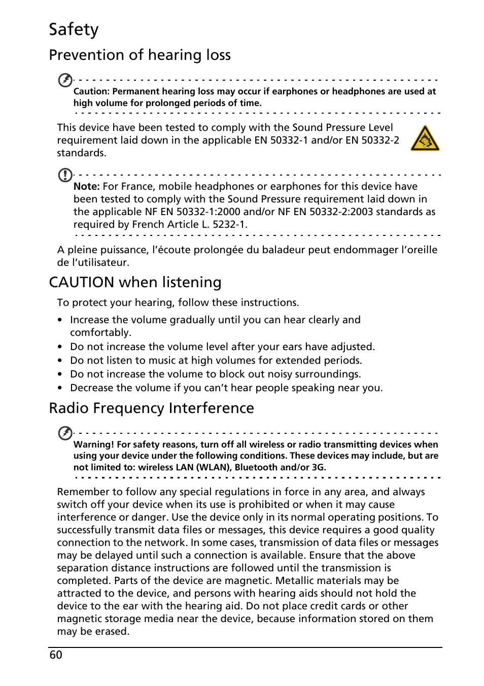 Safety, Prevention of hearing loss, Caution when listening | Radio frequency interference | Acer A500 User Manual | Page 60 / 73