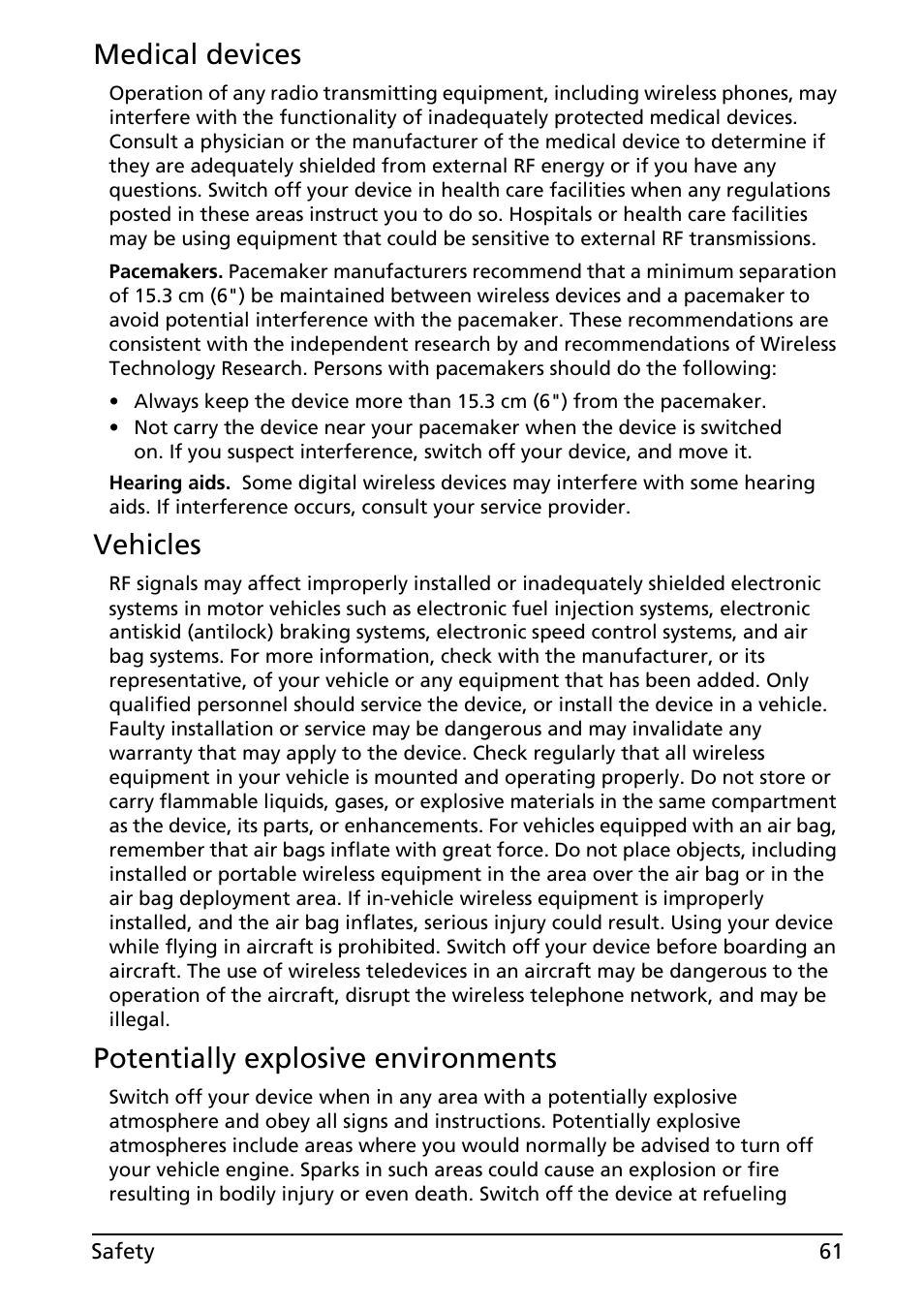 Medical devices, Vehicles, Potentially explosive environments | Acer A500 User Manual | Page 61 / 73