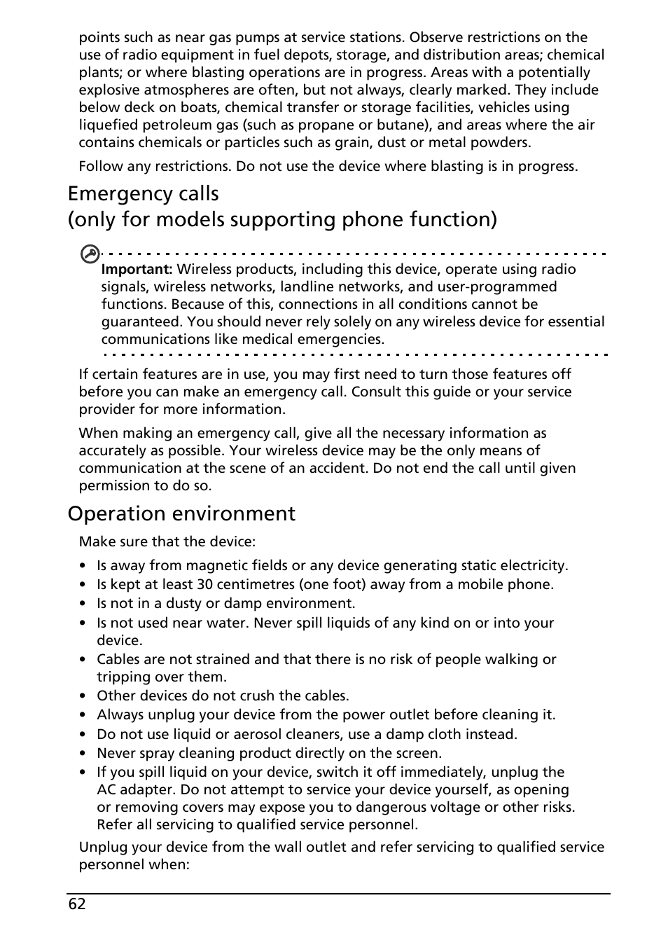 Operation environment | Acer A500 User Manual | Page 62 / 73