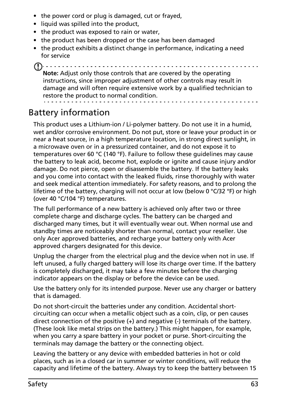 Battery information | Acer A500 User Manual | Page 63 / 73