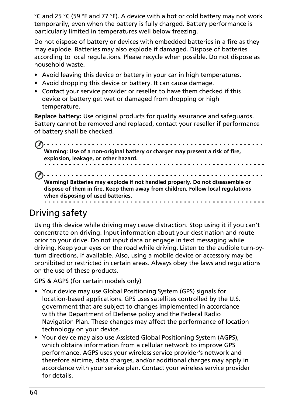 Driving safety | Acer A500 User Manual | Page 64 / 73