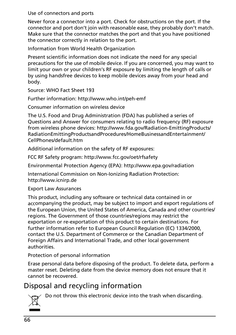 Disposal and recycling information | Acer A500 User Manual | Page 66 / 73