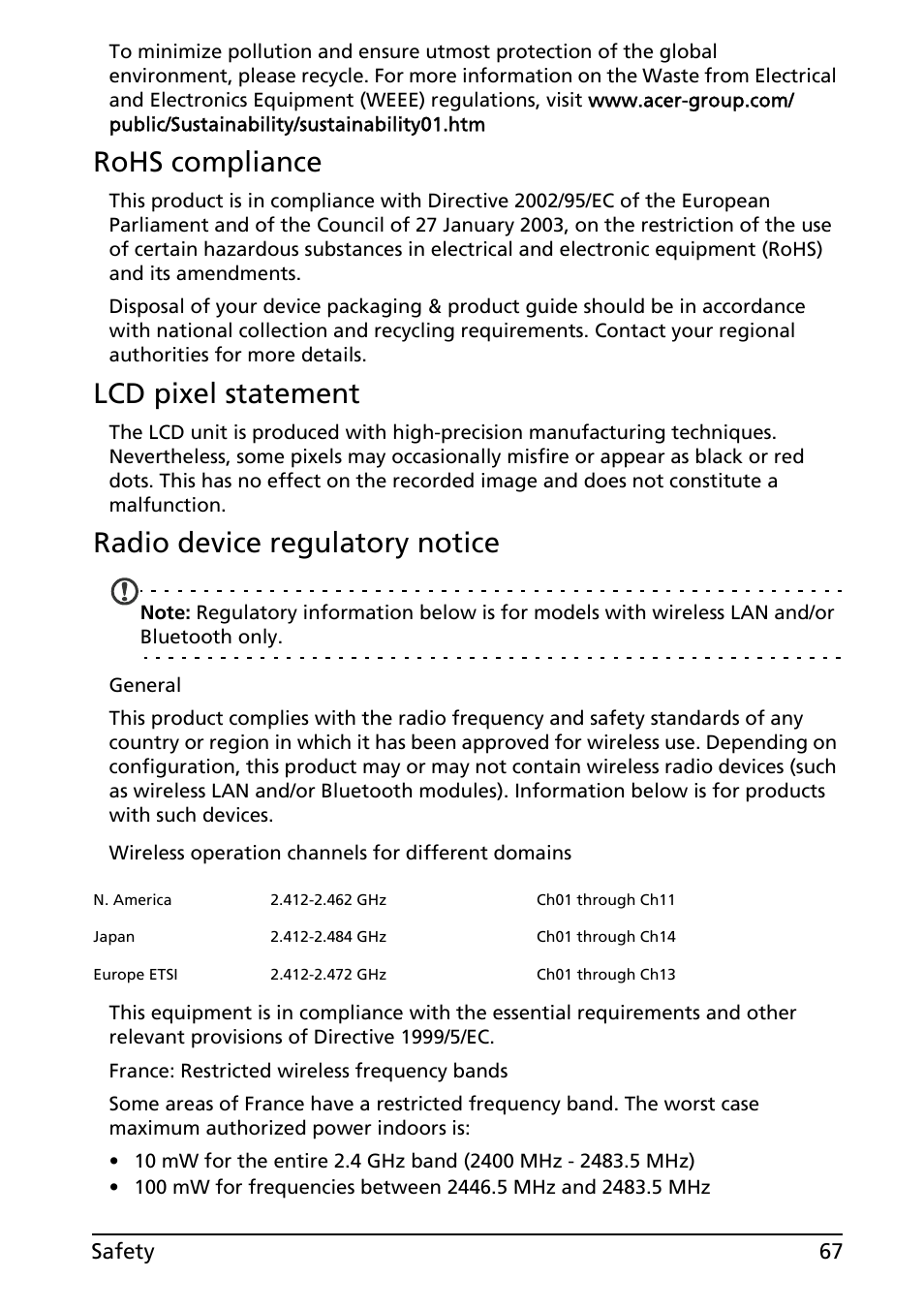 Rohs compliance, Lcd pixel statement, Radio device regulatory notice | Acer A500 User Manual | Page 67 / 73