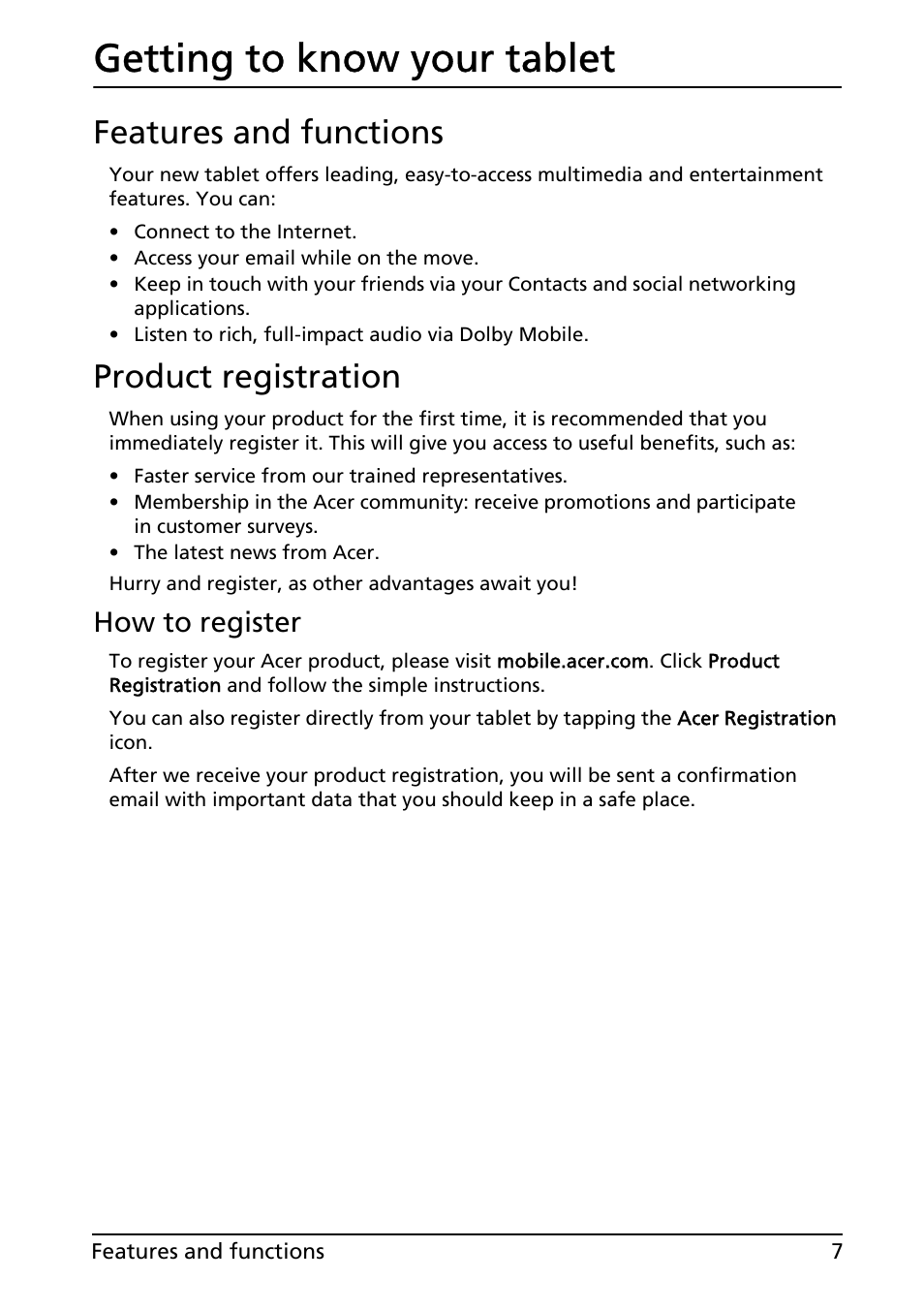 Getting to know your tablet, Features and functions, Product registration | How to register, Features and functions product registration | Acer A500 User Manual | Page 7 / 73