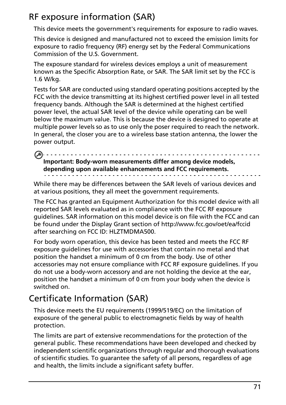 Rf exposure information (sar), Certificate information (sar) | Acer A500 User Manual | Page 71 / 73