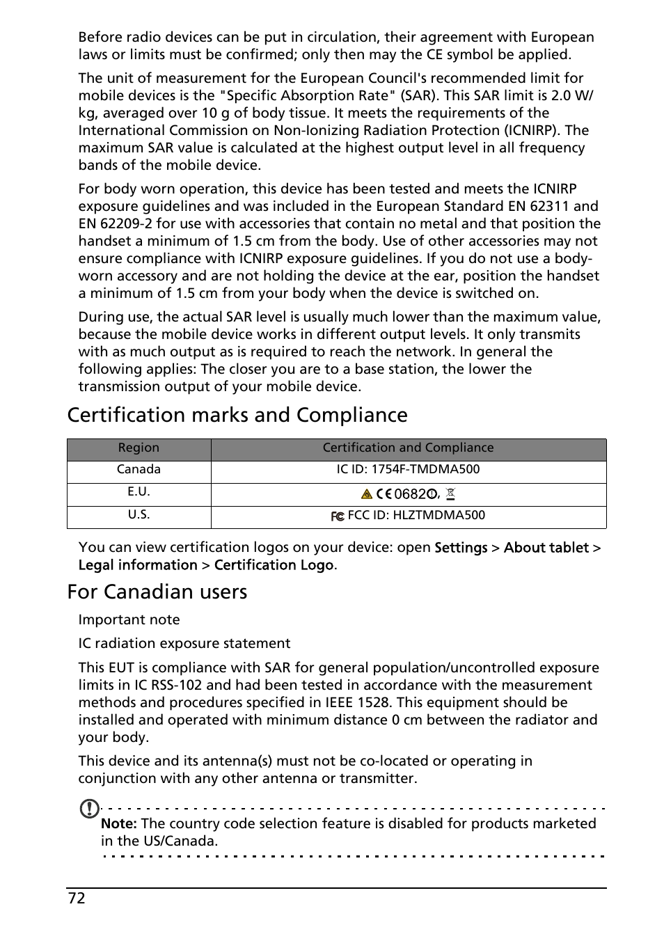 Certification marks and compliance, For canadian users | Acer A500 User Manual | Page 72 / 73