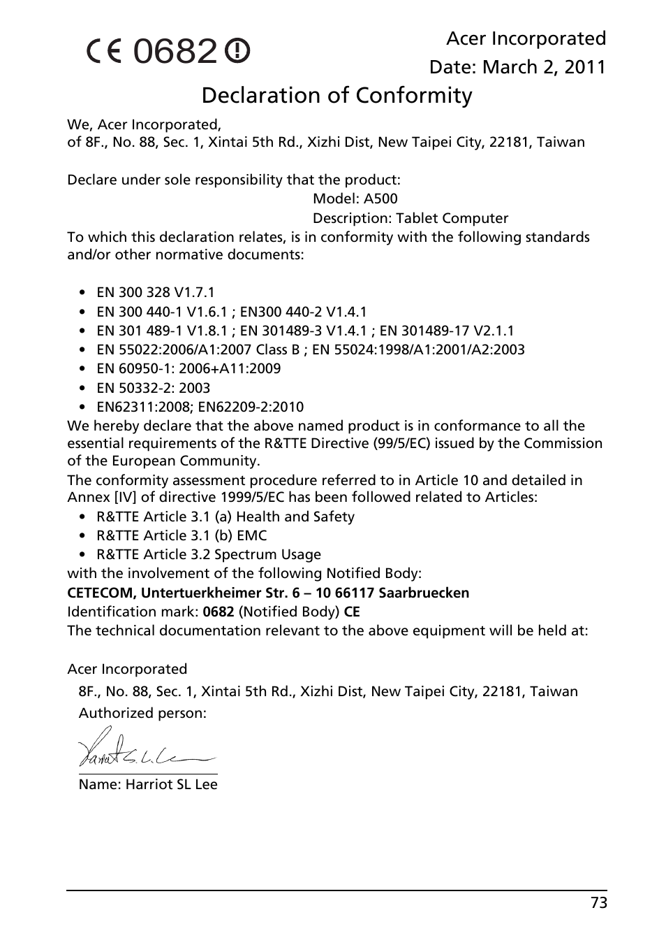 Declaration of conformity | Acer A500 User Manual | Page 73 / 73