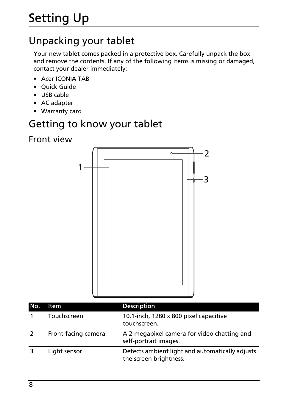 Setting up, Unpacking your tablet, Getting to know your tablet | Front view, Unpacking your tablet getting to know your tablet, Front 1 2 3 view | Acer A500 User Manual | Page 8 / 73