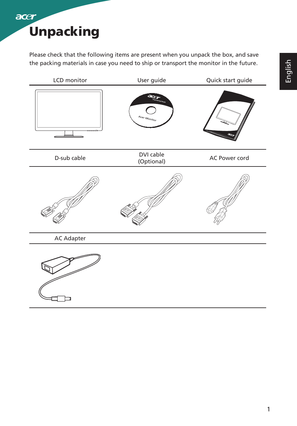 Unpacking | Acer S200HL User Manual | Page 13 / 27