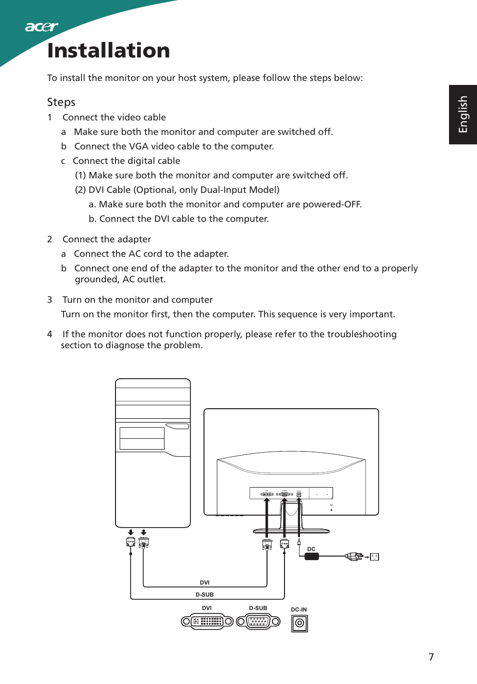 Installation, English, Steps | Acer S200HL User Manual | Page 19 / 27