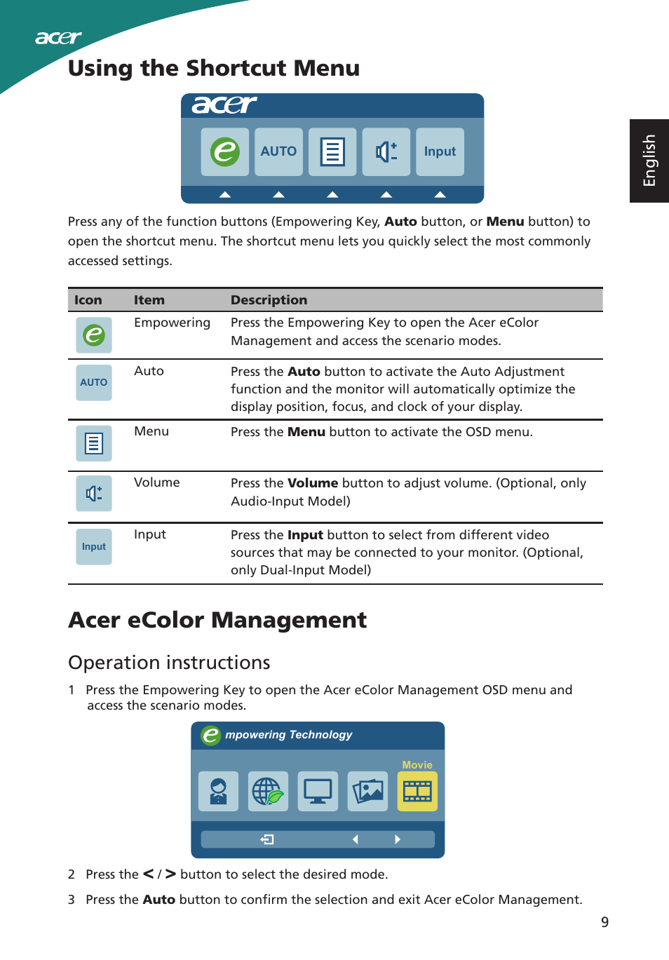 Using the shortcut menu, Acer ecolor management, Operation instructions | English | Acer S200HL User Manual | Page 21 / 27