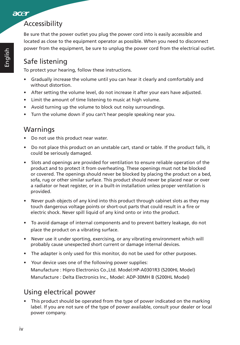 Accessibility, Safe listening, Warnings | Using electrical power | Acer S200HL User Manual | Page 4 / 27