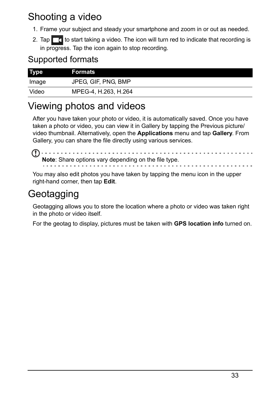 Shooting a video, Supported formats, Viewing photos and videos | Geotagging | Acer Z160 User Manual | Page 33 / 55