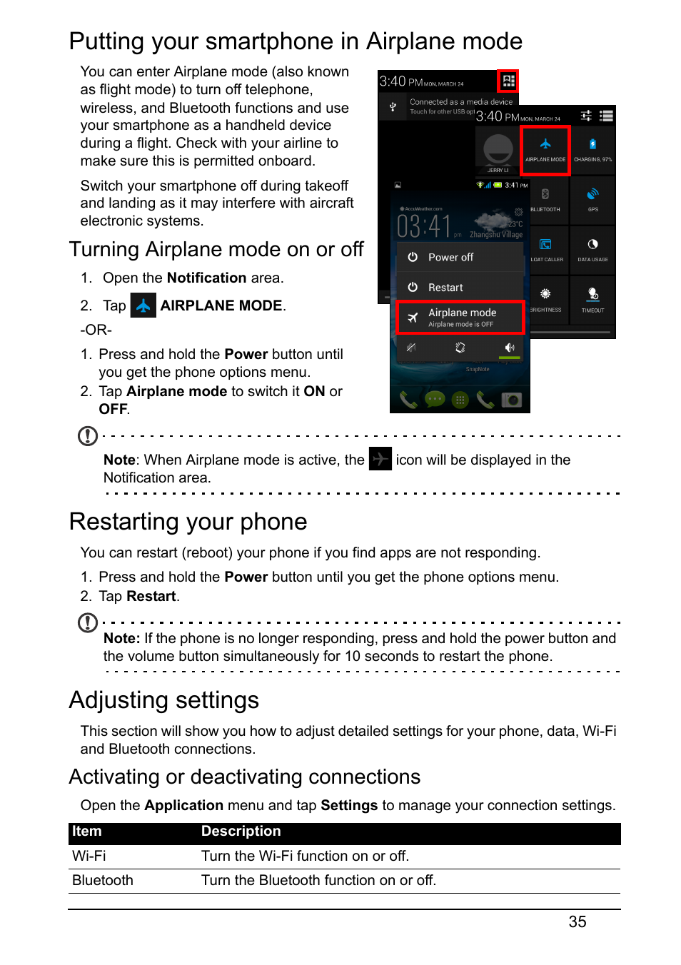 Putting your smartphone in airplane mode, Turning airplane mode on or off, Restarting your phone | Adjusting settings, Activating or deactivating connections | Acer Z160 User Manual | Page 35 / 55