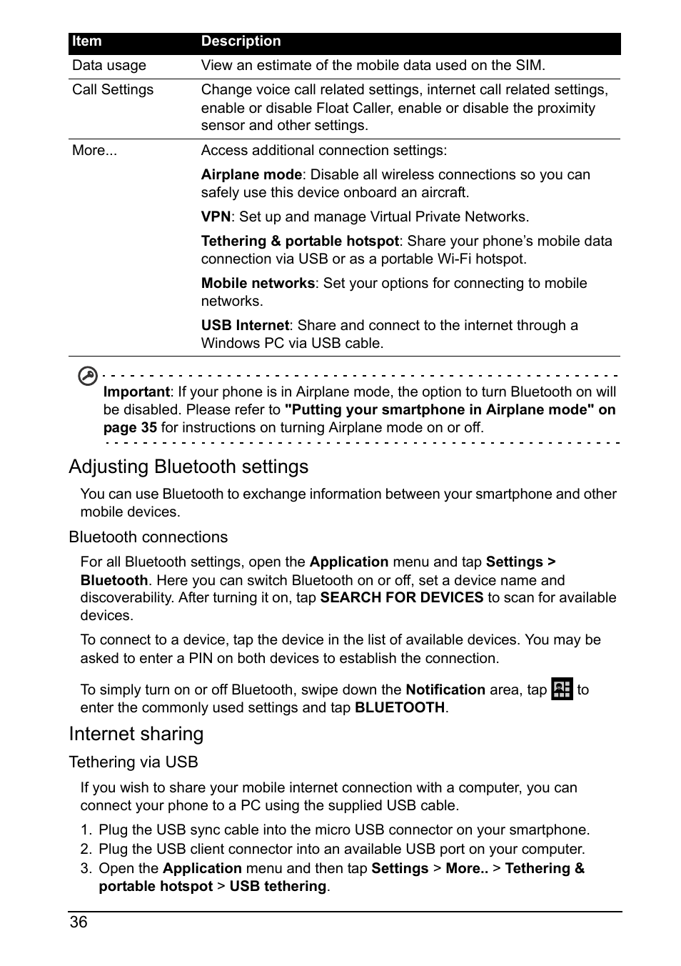 Adjusting bluetooth settings, Internet sharing | Acer Z160 User Manual | Page 36 / 55