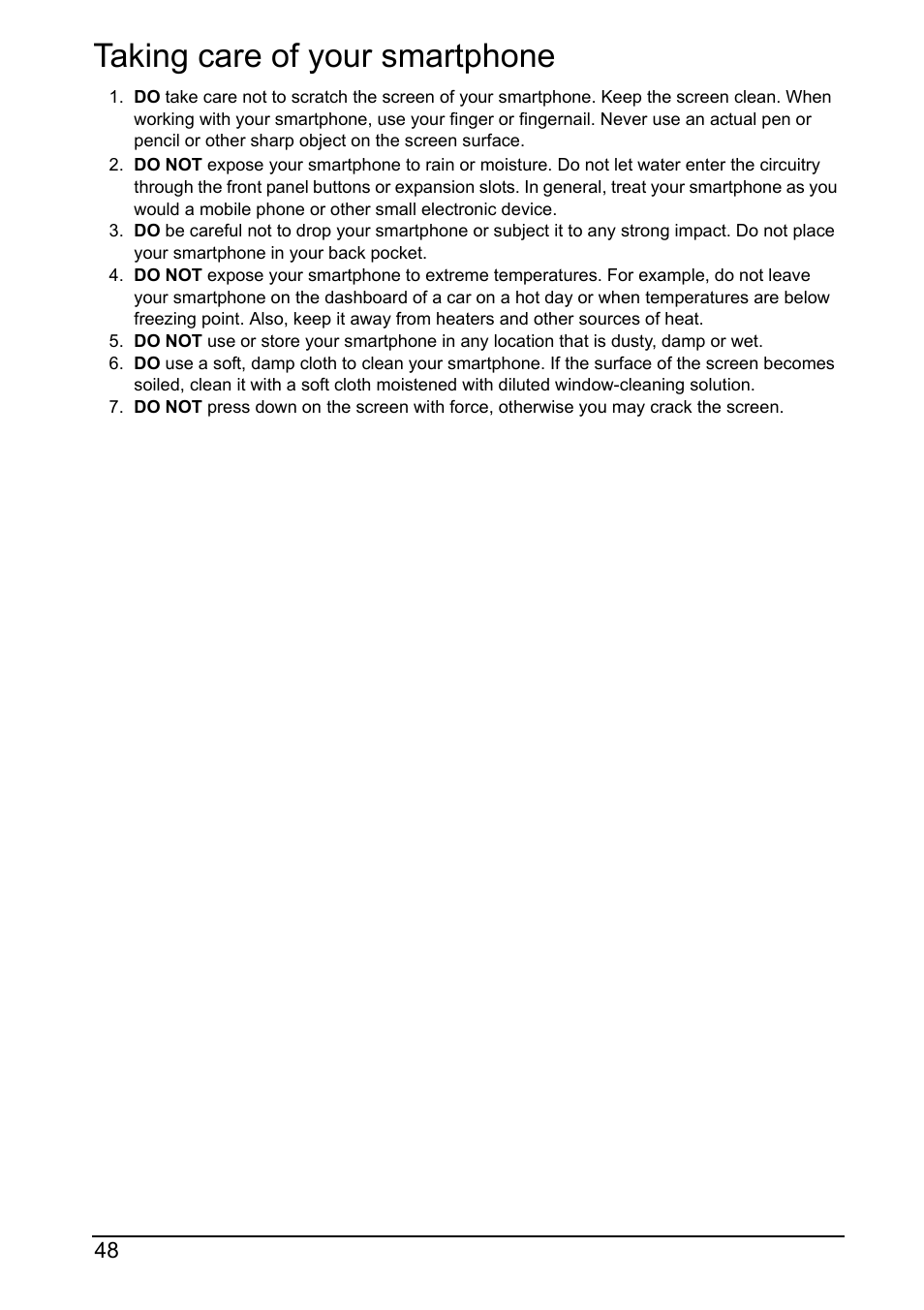 Taking care of your smartphone | Acer Z160 User Manual | Page 48 / 55