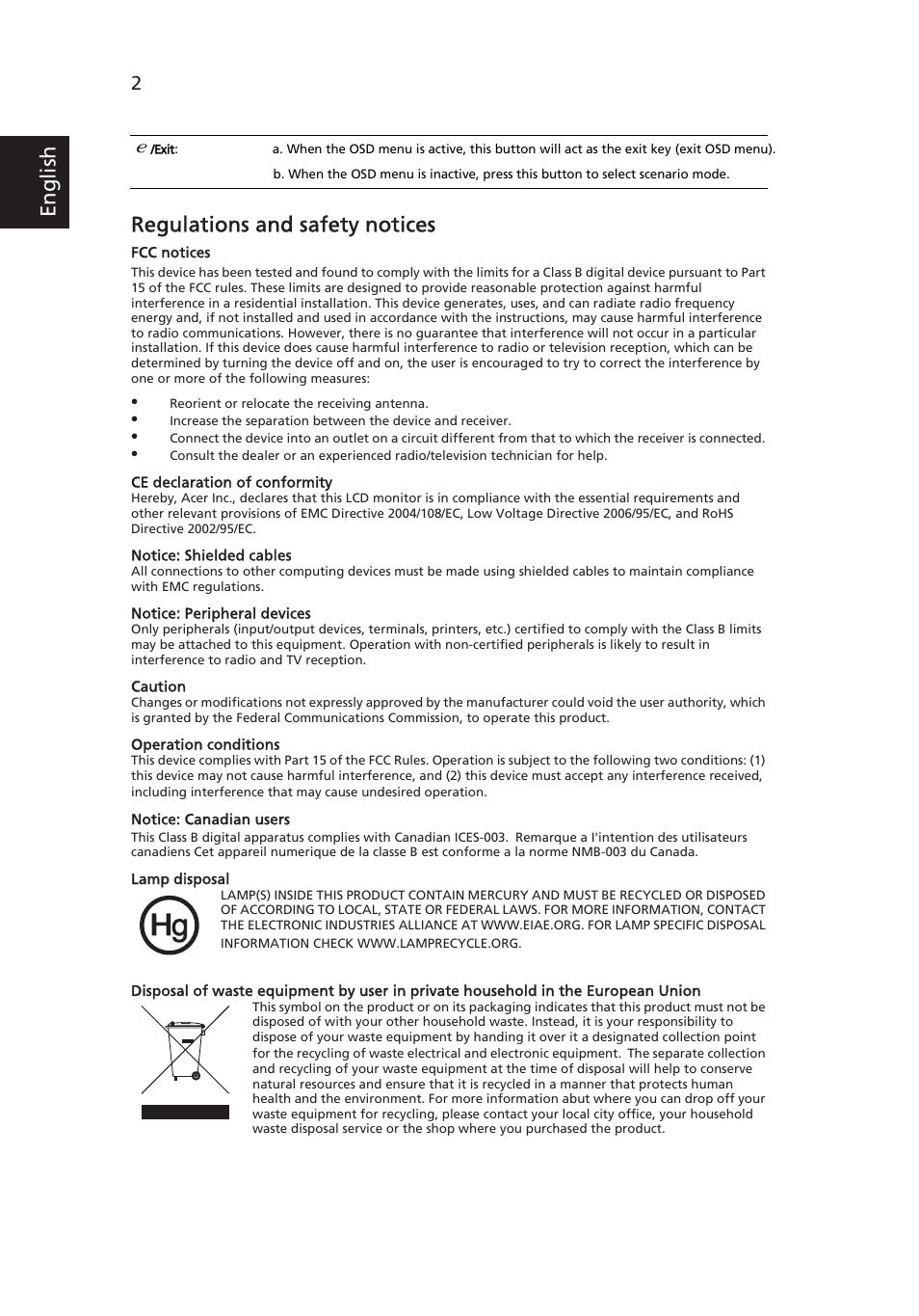 Regulations and safety notices, Eng lis h | Acer B203W User Manual | Page 2 / 2