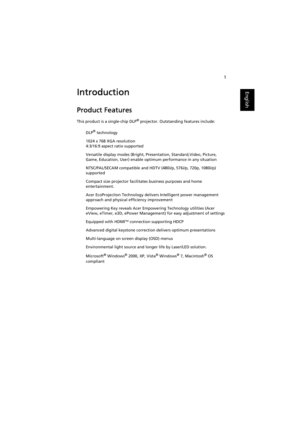 Introduction, Product features | Acer K520 User Manual | Page 11 / 57