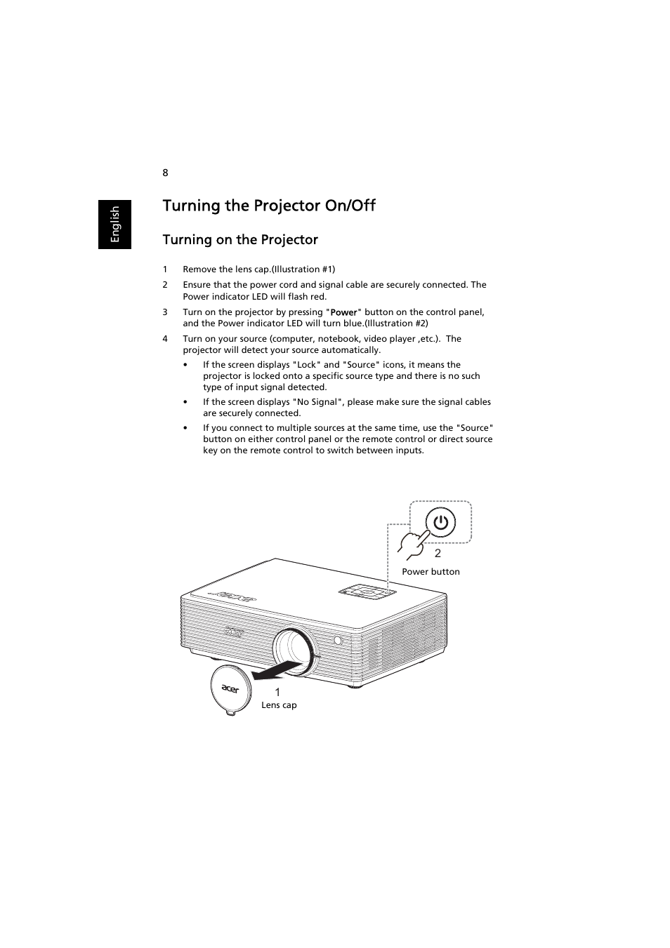 Turning the projector on/off, Turning on the projector | Acer K520 User Manual | Page 18 / 57