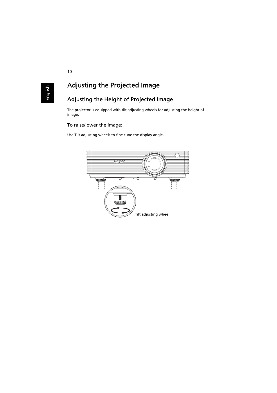 Adjusting the projected image, Adjusting the height of projected image | Acer K520 User Manual | Page 20 / 57