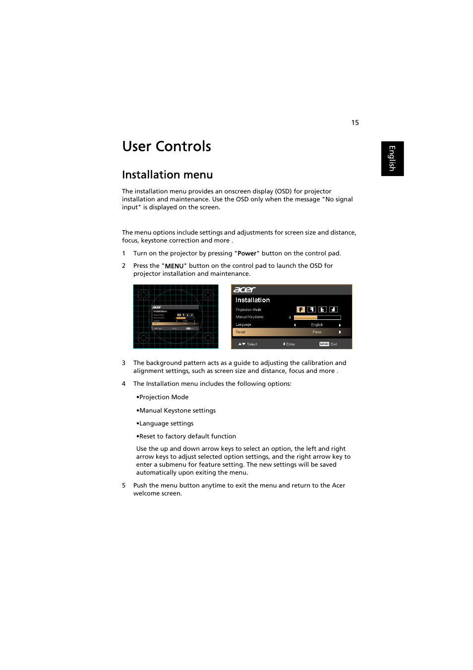 User controls, Installation menu | Acer K520 User Manual | Page 25 / 57